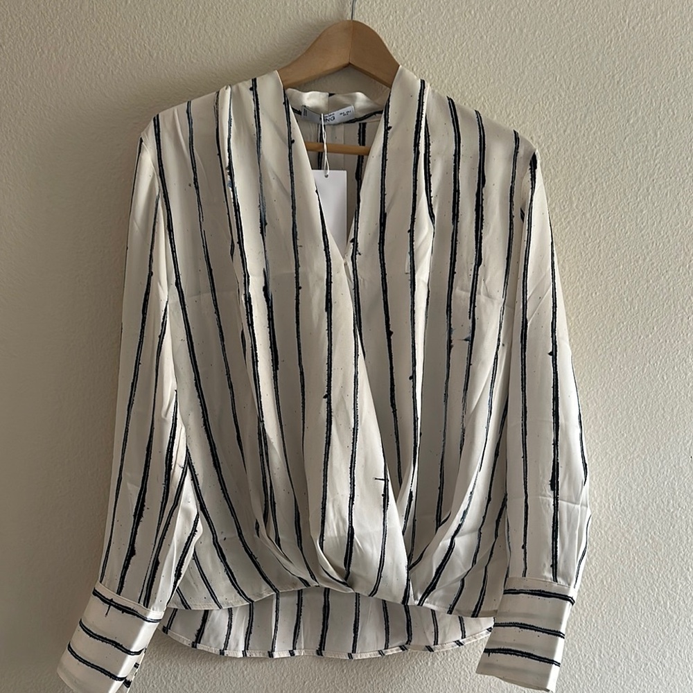 Mango White Cream Wrap Blouse with Mandarin Collar